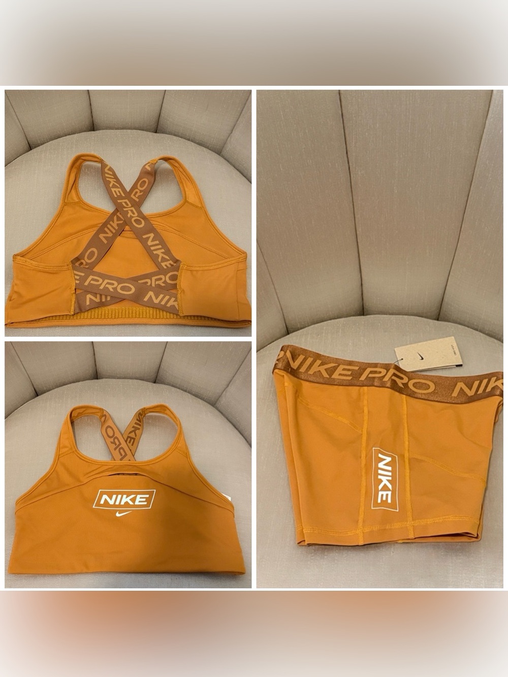 Nike Pro Matching Set Bronze Gold Cross Back Sports Bra L & Shorts M